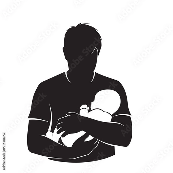 Obraz Flat black vector silhouette of a father holding a baby in arms, front-facing, on white background