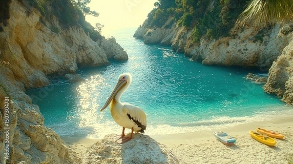 Fototapeta A pelican is standing on a rock near a beautiful ocean