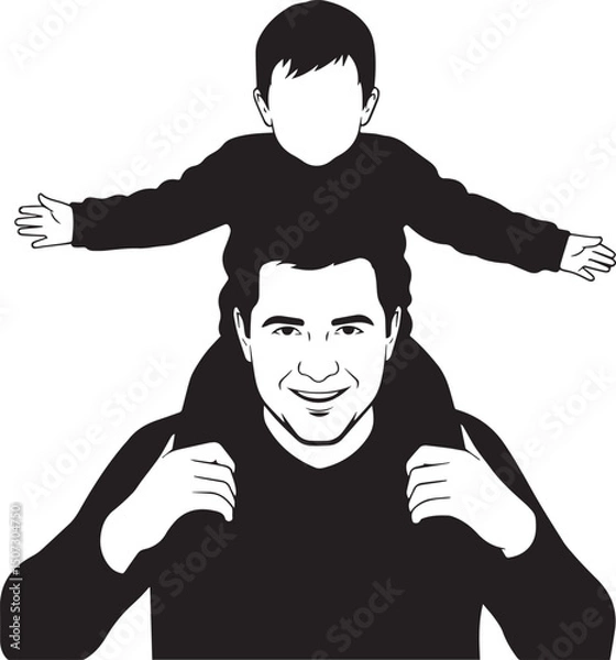 Obraz Flat black vector silhouette of a father carrying a child on his shoulders, happy expression implied, front-facing, on white background