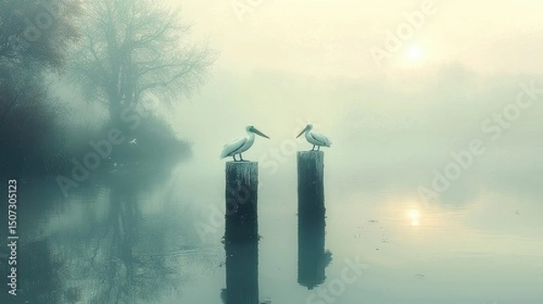 Fototapeta Two white pelicans perched atop wooden posts in the water