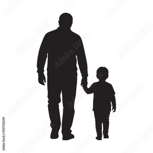 Obraz Flat black vector silhouette of a father and child walking hand in hand, back view, on white background