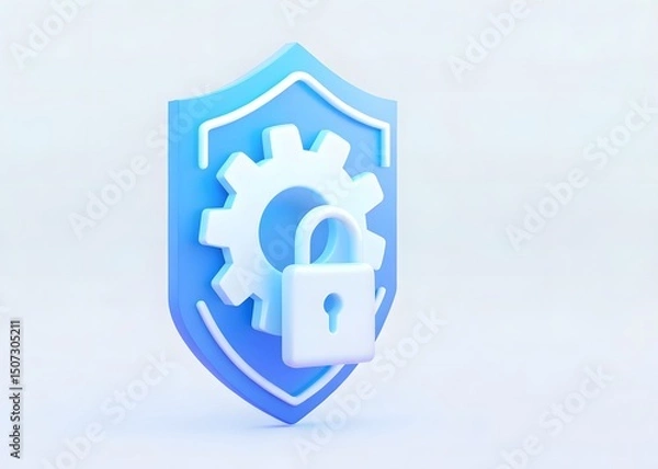 Obraz 3D Shield Icon with Gear and Lock for Cybersecurity and Data Protection Illustration