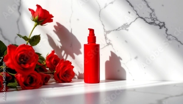 Fototapeta a serene setting featuring a red lip balm placed against a backdrop of red roses. the lip balm is prominent in the center of the image, with its container facing the camera