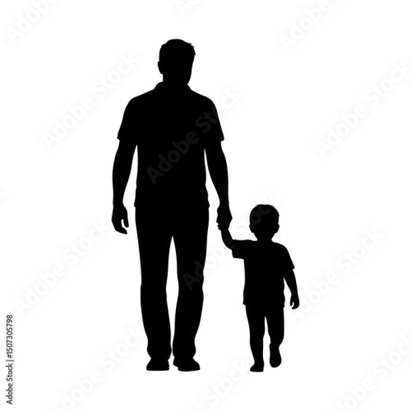 Obraz Silhouette of a father and child walking hand in hand, back view, on transparent background
