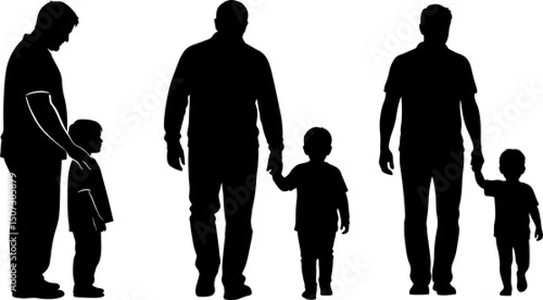 Obraz Silhouette of a father and child walking hand in hand, back view, on transparent background