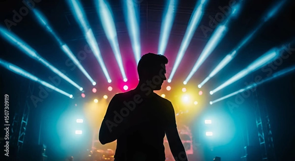 Fototapeta Silhouette of a man standing before a brightly lit stage, creating a dramatic contrast against the vibrant lights, Generative AI.