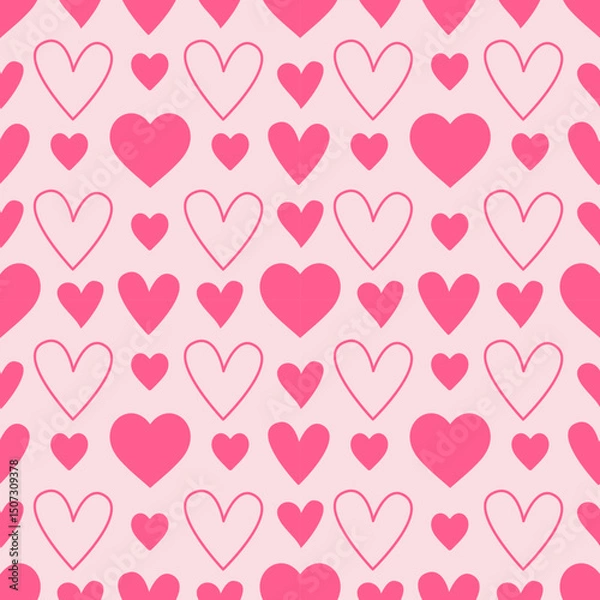 Obraz Seamless pattern with pink hearts. Abstract heart pattern vector illustration. Love pattern seamless background with various flat and outline heart shapes. Heart background repeat pattern design.