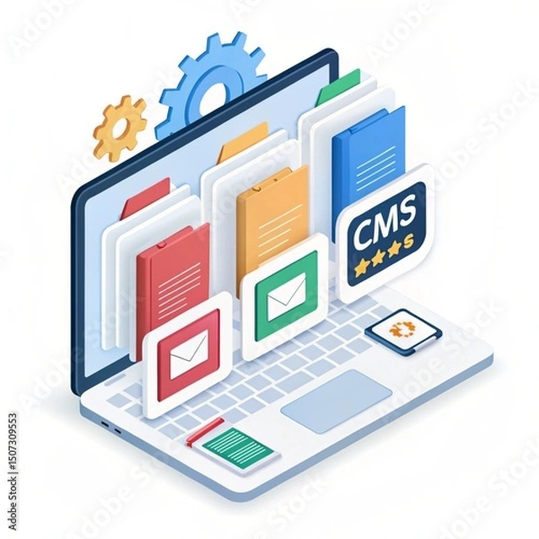 Fototapeta Content management system (CMS) featuring 3D icon isolated on a transparent background