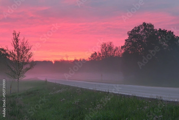 Fototapeta A serene rural road at sunrise with a misty foreground, silhouetted trees, and a pink-orange sky full of scattered clouds.