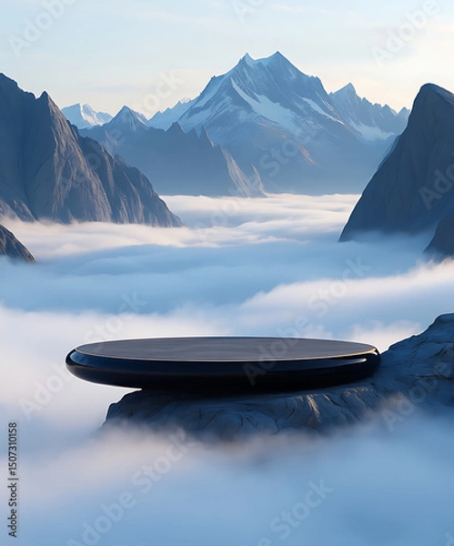 Obraz Black Device Amidst Foggy Mountains, Futuristic Product Podium
