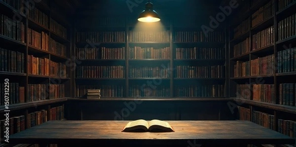 Obraz A shadowed bookstore interior, shelves overflowing with books, a single spotlight illuminating a mysterious object on a table; a sense of intrigue hangs in the air , novel, evidence