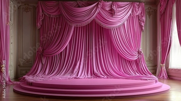 Fototapeta Lavish pink stage with opulent curtains in a luxurious room