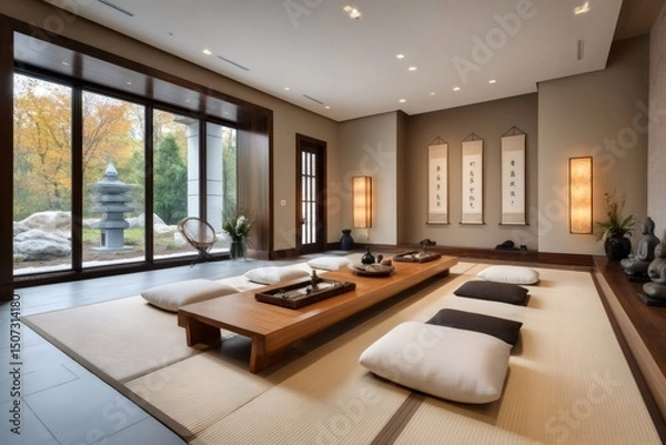 Fototapeta Modern tea room with tatami mats and cushions overlooking a zen garden
