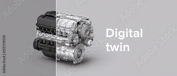 Obraz Digital twin concept showing mechanical engine model split open with detailed digital rendering on gray background
