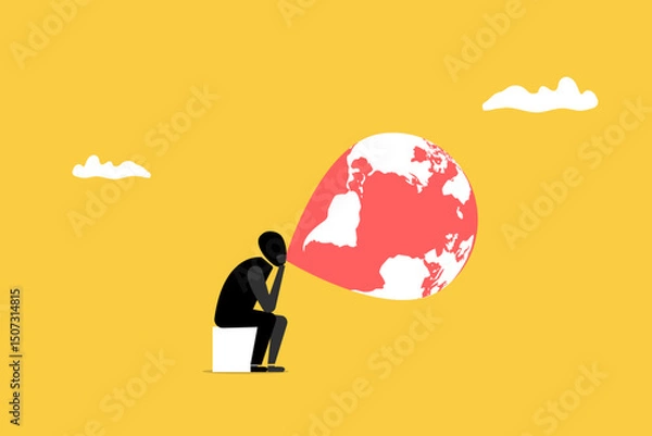 Fototapeta Businessman blow up balloon with the symbol of the world map. concept of inflation, interest rate, floating interest, and economic crisis