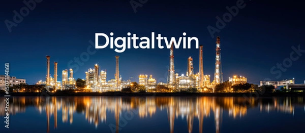 Fototapeta Digital twin concept with illuminated oil refinery reflected calm water night, showcasing industrial technology and innovation