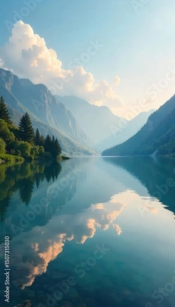 Obraz A serene landscape featuring a tranquil lake reflecting a calm sky, embodying peace and quietude, perfect for relaxation and restoration , balance, yoga, green