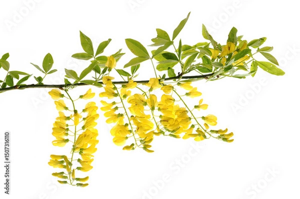 Fototapeta Flowering branch of laburnum (Laburnum anagyroides), in spring, with white background