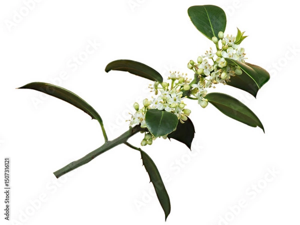 Fototapeta Flowering branch of holly (Ilex aquifolium), in spring, with white background