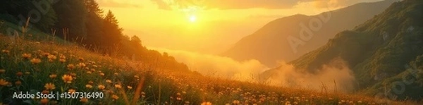 Obraz A serene landscape bathed in golden sunlight, suggesting peace, protection, and spiritual refuge Perfect for themes of mindfulness, meditation, and inner peace , spiritual, mindfulness, healing