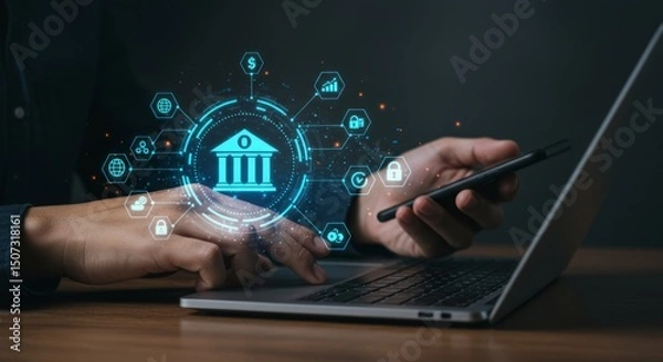 Obraz Person using laptop and phone with digital banking interface
