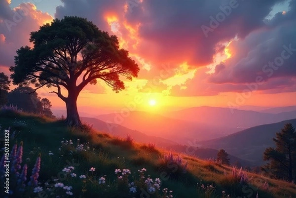 Obraz A serene landscape at sunrise, symbolizing hope and new beginnings in the Christian faith Perfect for illustrating themes of faith, peace, and spiritual renewal , serenity, calm