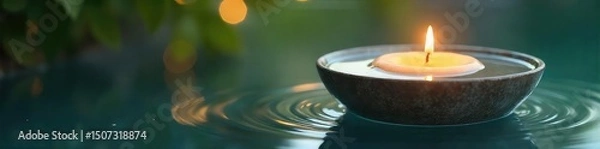Obraz A serene floating candle in a glass bowl of water, reflecting soft light and creating a tranquil atmosphere Perfect for spa, relaxation, meditation, and wellness imagery , water, centerpiece