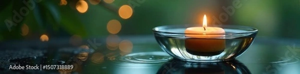 Obraz A serene floating candle in a glass bowl of water, reflecting soft light and creating a tranquil atmosphere Perfect for spa, relaxation, meditation, and wellness imagery , beauty, candles, yoga