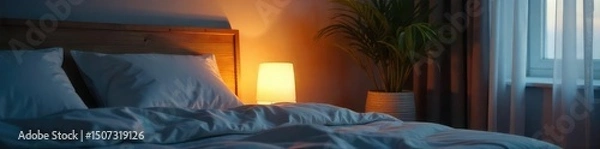 Obraz A serene bedroom scene featuring a stylish bedside lamp illuminating a tranquil space, promoting relaxation and rest Soft light casts gentle shadows on the nightstand , modern, atmosphere, peaceful