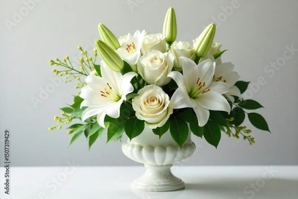 Obraz A serene arrangement of white lilies, roses, and other funeral flowers, elegantly displayed in a classic urn Perfect for sympathy, remembrance, and memorial services , passing, funeral wreath