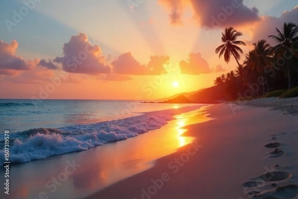 Obraz A serene beach scene at sunset, embodying a calm and peaceful lifestyle, reflecting inner tranquility and emotional wellbeing , harmony, beach
