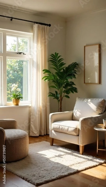 Obraz A serene and calming therapy room, featuring soft lighting, comfortable furniture, and tasteful d?cor, creating a peaceful atmosphere conducive to healing and self-discovery , psychology, meditation