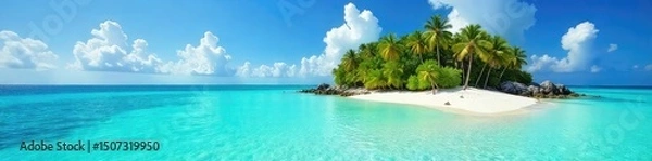 Obraz A secluded tropical island paradise, boasting pristine white sand beaches, turquoise waters, and lush green vegetation Perfect for escapism and relaxation imagery , solitude, untouched
