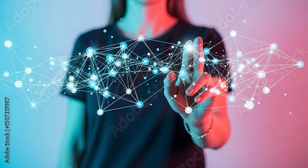 Fototapeta A woman touches a network interface connected to her hand, symbolizing technology and human interaction, Generative AI.