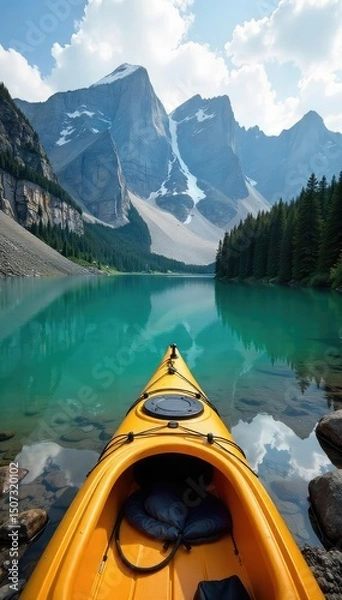 Obraz A scenic vista unfolds as a kayak rests on a lakeshore hiking trail, surrounded by lush greenery and towering mountains Perfect for adventure, travel, and nature-themed projects , clouds, boating