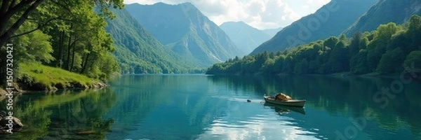 Obraz A scenic view of a calm lake with a small boat gently rocking on the water near a hiking trail leading into a lush forest Perfect for travel, adventure, and nature themes , foliage, view