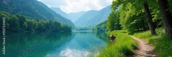 Obraz A scenic view of a calm lake with a small boat gently rocking on the water near a hiking trail leading into a lush forest Perfect for travel, adventure, and nature themes , vegetation, lake, blue