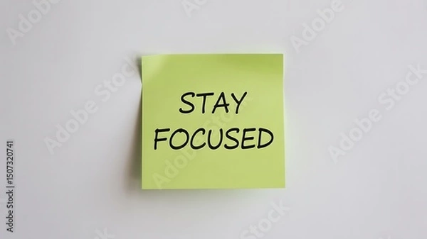 Fototapeta A green sticky note with the words stay focused written in black marker on a white wall