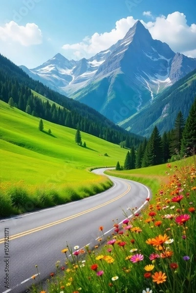 Obraz A scenic roadside view with vibrant wildflowers blooming in the foreground, a lush green meadow stretching towards a distant mountain range under a bright summer sky , view, blossoms, road trip