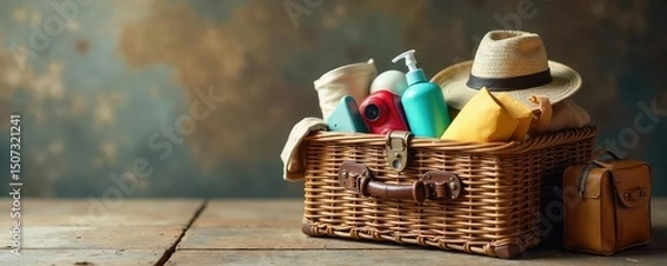 Obraz A rustic woven luggage basket overflowing with neatly packed travel essentials, ready for a journey Perfect for travel, storage, and home decor , journey, weave