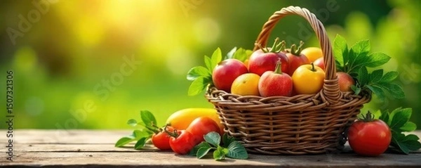 Obraz A rustic woven basket overflowing with fresh, ripe fruits and vegetables sits on a sun-drenched wooden table, embodying a bountiful harvest and simple country life , simple, spring