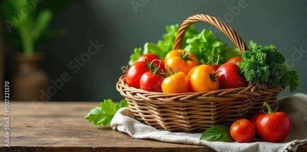 Obraz A rustic woven basket overflowing with fresh produce, nestled amongst cozy home textiles on a wooden table, embodying the warmth of home-cooked meals and simple pleasures , cozy home, blanket