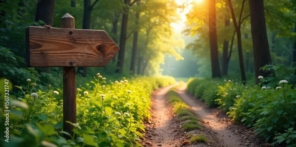 Obraz A rustic wooden sign points towards a winding dirt road leading into a sun-dappled forest, hinting at a journey and untold stories of a life lived , travel, adventure, wilderness