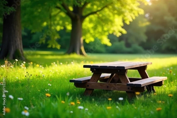 Obraz A rustic wooden picnic table sits in a sun-dappled meadow, surrounded by lush green grass and wildflowers, perfect for a relaxing outdoor meal , outdoor, organic