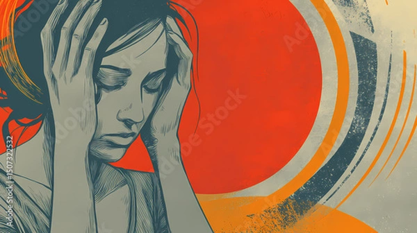 Obraz A woman holds her hands to her head as if in pain, her eyes closed. Tension Contained. Illustration