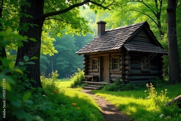 Obraz A rustic wooden hut nestled amongst lush green foliage, sunlight dappling through the leaves Perfect for nature, cabin, rustic, and wilderness themes , quiet, relaxation, foliage