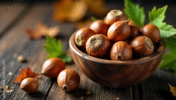Obraz A rustic wooden bowl overflowing with beech nuts, their smooth brown shells gleaming under soft lighting, alongside some fallen beech leaves , woodland, high-angle shot