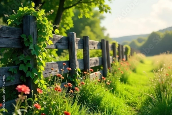 Obraz A rustic wooden fence with overgrown ivy, wildflowers blooming nearby, and a sun-drenched meadow in the background; evoking a sense of tranquility and natural beauty , countryside, tranquil