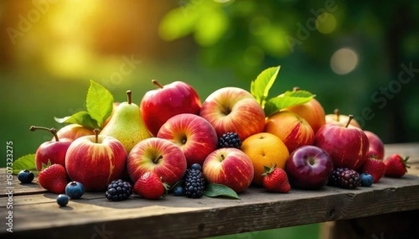Obraz A rustic wooden bench overflowing with a colorful assortment of ripe, juicy fruits, including apples, pears, peaches, plums and berries, bathed in warm sunlight , sun, natural, country