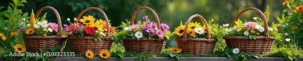 Obraz A rustic scene featuring various sizes and styles of gathering baskets overflowing with freshly picked wildflowers and lush greenery, ready for harvest , old, outdoor